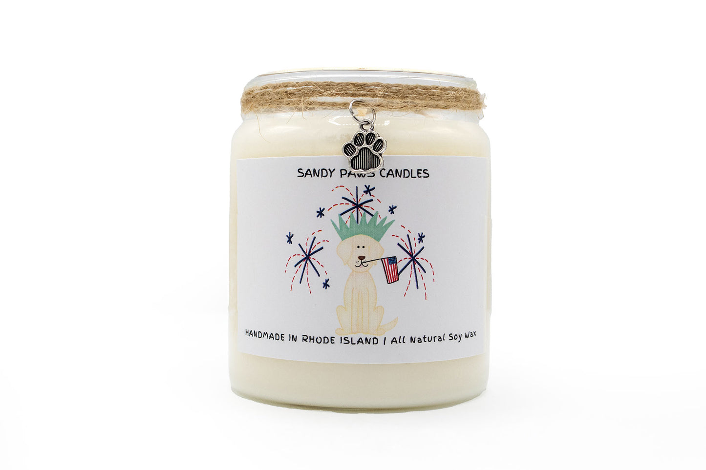 Patriotic Soy Wax Candle - "Dog holding flag"