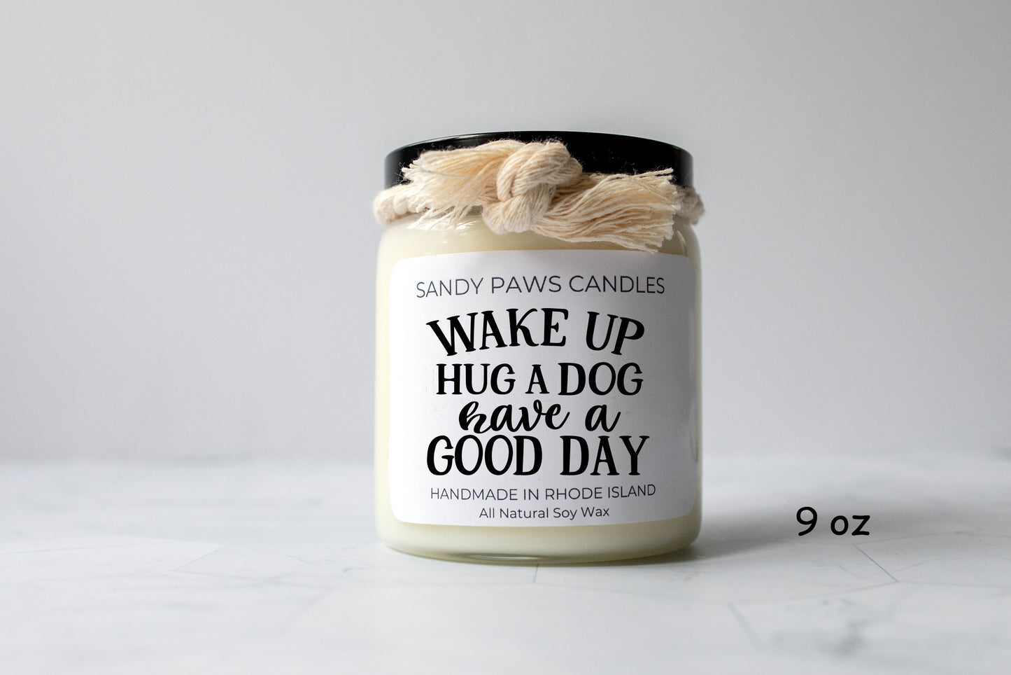 Dog Lover Soy Wax Candle - "Wake up, hug a dog, have a good day"